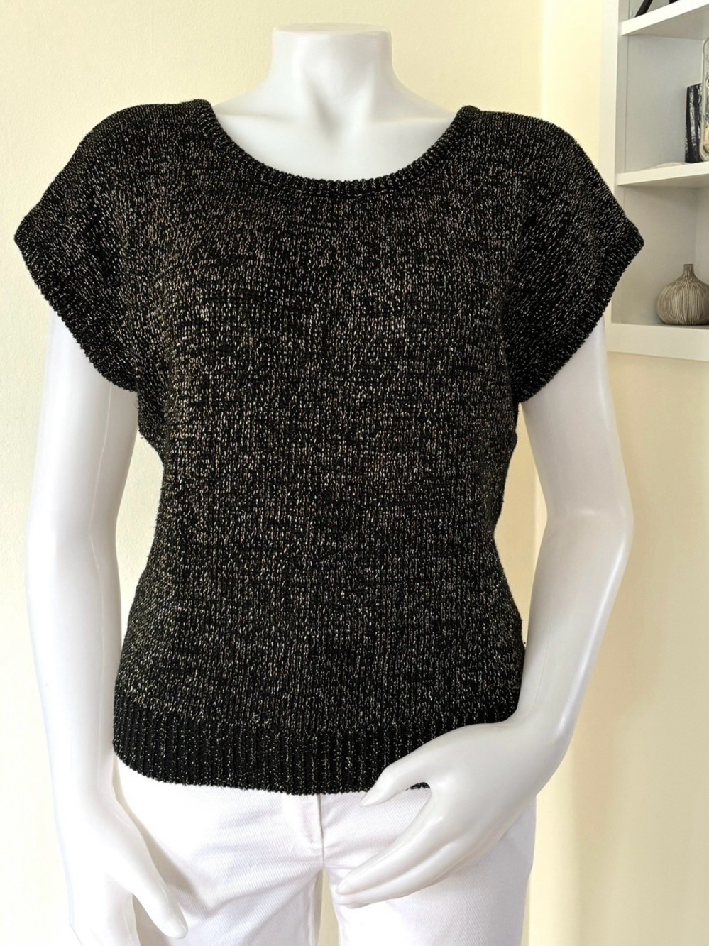 Vintage black with gold metallic thread knit boxy short sleeve sweater top